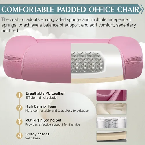 Miniatura 5 de Silla de cuero PU con soporte ergonómico lumbar, gira 360°, pequeña, ruedas, reposabrazos ajustables, para gente chaparra, para escritorio, Rosa