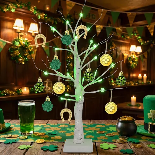 Miniatura 6 de Yquqwn Decoraciones del día de San Patricio, árbol de abedul iluminado con adornos de trébol, monedas de oro, 24 LED para el hogar, mesa, tienda