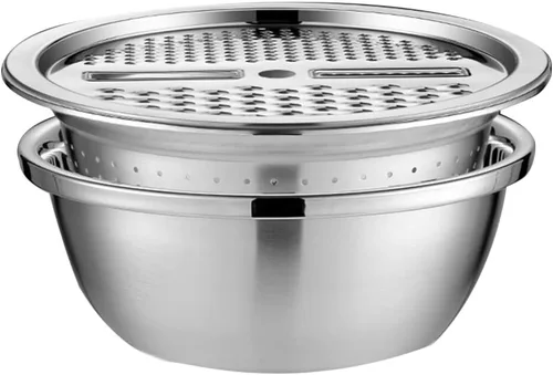 Rallador de acero inoxidable y cortador de verduras con función de drenaje Herramienta de cocina multiusos de 10.23 pulgadas para lavar arroz y