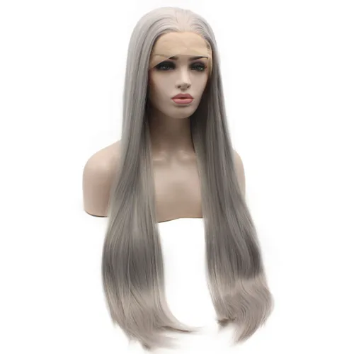 Miniatura 2 de iwonawig Iewig - Peluca de encaje frontal sintética extra larga y recta, mitad atada a mano, peluca gris resistente al calor