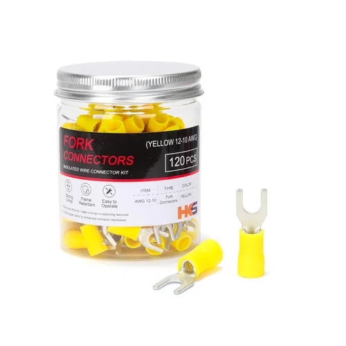 HKS 120 piezas de conectores de alambre de horquilla de pala aislados - Amarillo calibre 12-10 AWG tamaño perno M5 #10 - Cobre rojo estañado -
