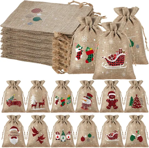 Miniatura 9 de Boao 24 bolsas de Navidad con cordón para regalo de Navidad, a cuadros, de algodón, para suministros de fiesta de dulces de Navidad