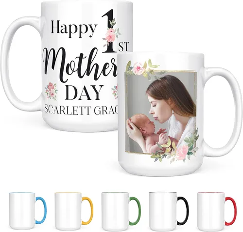 Miniatura 12 de Regalos para el primer día de la madre, taza de café personalizada con foto y nombre, 11 o 15 onzas, 10 opciones de color, taza personalizada