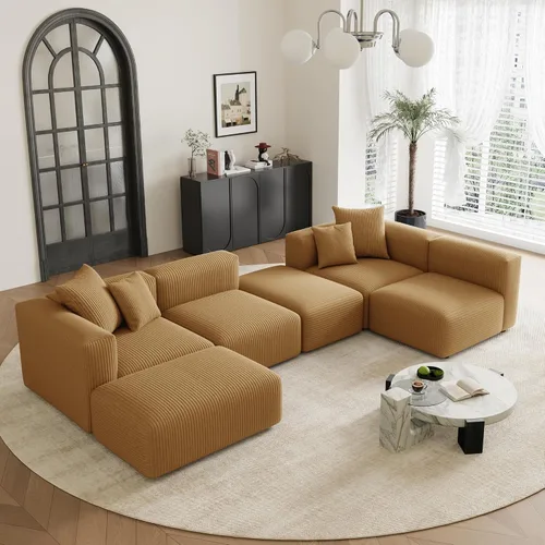 Miniatura 13 de Acanva - Sofá modular convertible de corduroy en forma de L, 4 plazas con combinación libre de esquina, convertible a cama diurna, sofá amplio