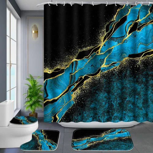 Miniatura 11 de Poedist Juego de 4 cortinas de ducha de baño con borde negro y dorado, juego de baño con cortina de ducha y alfombras