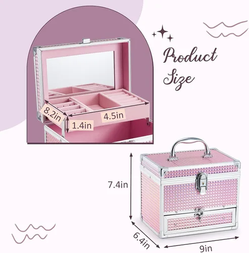 Miniatura 6 de Hododou Caja de maquillaje de joyería para mujer con espejo y bandeja con cerradura para cosméticos estuche de almacenamiento portátil