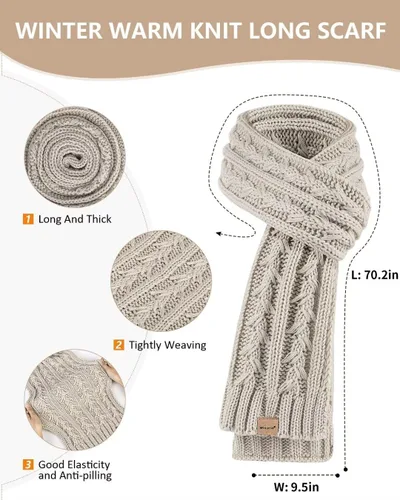 Miniatura 4 de Conjunto de gorro y bufanda para mujer, gorro de invierno con forro polar con pompones, bufanda de punto larga, guantes para pantalla táctil