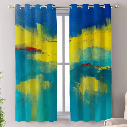 Miniatura 53 de Shrahala Beige and Orange Abstract Art Brushstrokes Blackout Curtain Tiers, Abstract Oil Paint Kitchen Valance Light Blocking Tier Drapes with Rod