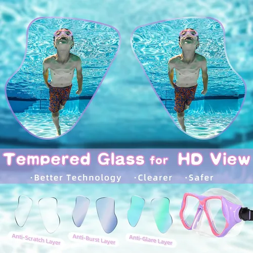 Miniatura 5 de Freela Paquete de 2 gafas de natación para niños y niñas de 3 a 14 años, lente de vidrio templado de 180° HD con cubierta de nariz para piscina