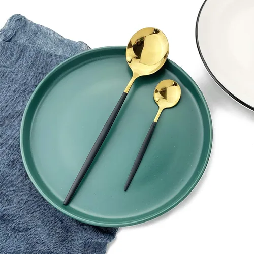 Miniatura 6 de Juego de cubiertos dorados con mango negro, 24 piezas de acero inoxidable brillante, cubiertos para 6, aptos para lavavajillas