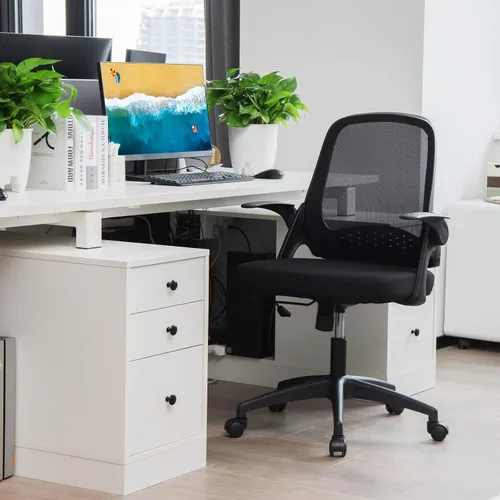 Miniatura 2 de Giantex Silla ergonómica de malla con respaldo medio para computadora, soporte lumbar, reposabrazos abatibles, silla giratoria de altura ajustable