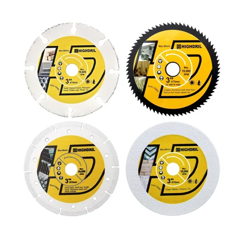 Miniatura 10 de HIGHDRIL Juego de hojas de sierra circular de 3" 75mm, 4 piezas - Disco de corte de diamante/HSS/TCT para amoladora angular para cortar metal