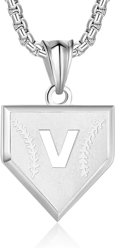 Miniatura 17 de Collar con inicial de la A a la Z para niños, de acero inoxidable, con dije de escudo de letra, cadena de 22 + 2 pulgadas, inspirador de béisbol