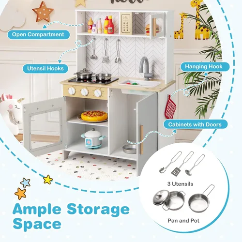 Miniatura 4 de Costzon Juego de cocina para niños, cocina de madera con luces y sonidos, estufas, fregadero, grifo, microondas, horno y accesorios de cocina, juego