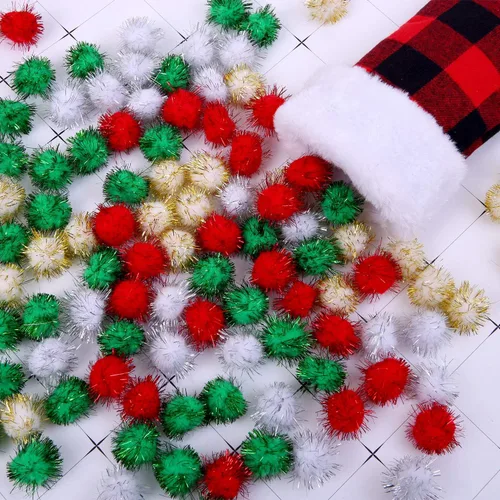 Miniatura 7 de Cooraby 200 pompones de Navidad con purpurina de colores surtidos (0.59 pulgadas)