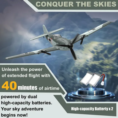 Miniatura 4 de Avión RC ANBURI, Avión de control remoto BF - 109 de 3 canales, 2.4GHz y estabilizador de giro de 6 ejes, 2 baterías incluidas, ideal para adultos