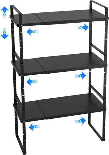 Miniatura 9 de Organizador de estante expandible para gabinete, almacenamiento apilable para mostrador de despensa de cocina, soporte ajustable para armario, Negro