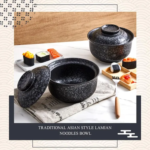 Miniatura 6 de SiliFine Juego de 2 cuencos de cerámica para ramen con tapa, olla de arcilla para microondas de 25 onzas, vajilla tradicional japonesa, olla
