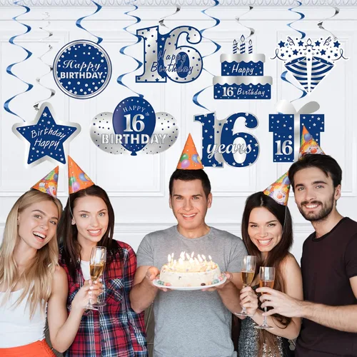 Miniatura 5 de Decoraciones colgantes de 16 cumpleaños azul y plateado para niños, 16 piezas de feliz cumpleaños de 16 años, suministros de fiesta de remolinos