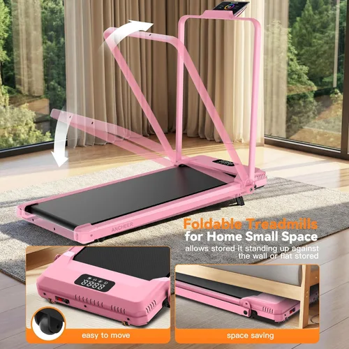 Miniatura 7 de ANCHEER Cinta de correr con inclinación del 12%/15%, almohadilla plegable con barra de asa, capacidad de 320-450 libras debajo del escritorio, Rosa