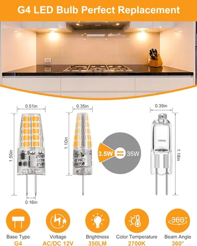 Miniatura 2 de BAOMING Bombilla LED G4 de 12 V, 3.5 W, base JC bi-pines, equivalente a halógeno T3 de 20 W-35 W, 2700 K, blanco cálido suave, sin parpadeo, lámpara