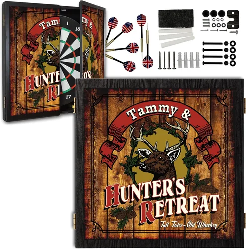 Juego de gabinete de tablero de dardos personalizado con 6 dardos de punta de acero, tablero de dardos de papel, tiza y borrador (21.5 x 21.5 x