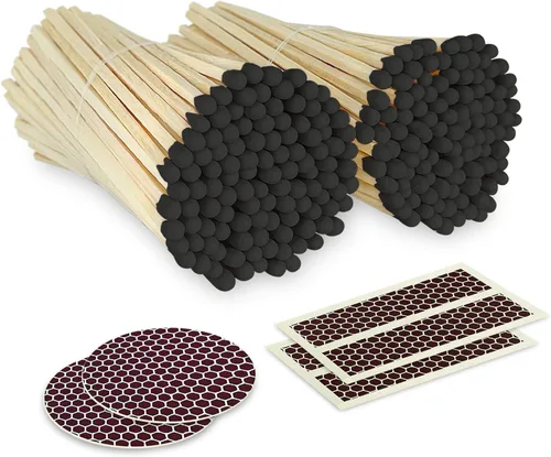 Miniatura 24 de Cerillas negras de 4 pulgadas + calcomanías de golpeador incluidas 300 coincidencias decorativas de seguridad de punta negra Cerillas largas