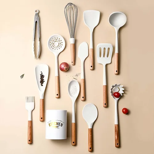 Miniatura 5 de Juego de utensilios de cocina de silicona, 446 °F resistente al calor, mango de madera de 13 piezas para juego de cocina antiadherente (sin BPA)