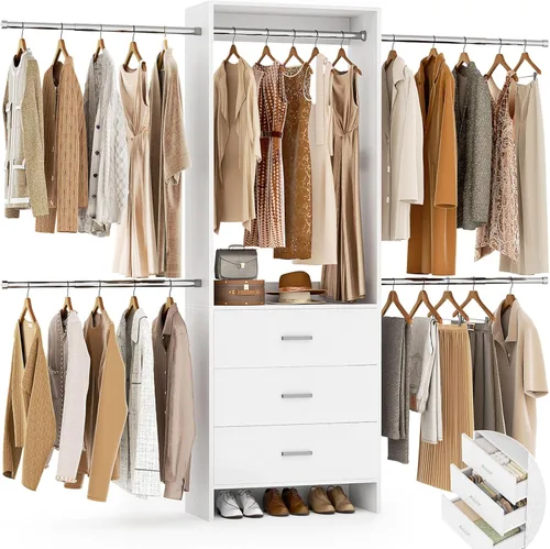 Aheaplus Sistema de Armario, Organizador de Armario con 3 Cajones de Madera, Sistema Organizador de Armario, Armario Walk-in con Perchero para Ropa