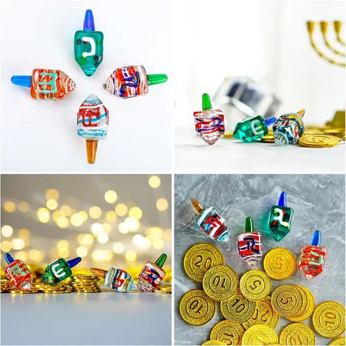 Miniatura 8 de HDCRYSTALGIFTS Set de 4 Figurinas de Dreidel de Janucá Tradicional de Vidrio Soplado Ornamento de 1.5 Pulgadas Vidrio Artístico Dreidel Clásico