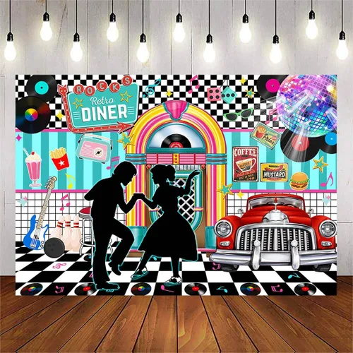 Avezano Fondo retro de 7 x 5 pies de regreso a los años 50 Rock and Roll Retro Diner Disco Danza Fotografía Fondo de los años 50 Fiesta Tema Banner