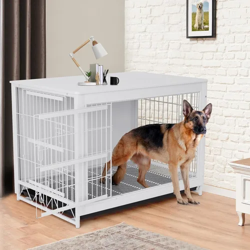 Miniatura 8 de TLSUNNY Muebles de jaula para perros, mesa auxiliar auxiliar de madera de 44.1 pulgadas, moderna perrera con puertas dobles, jaula resistente