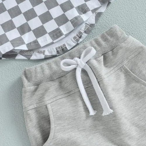 Miniatura 19 de Conjunto de ropa de verano para bebé niño y niño, diseño a cuadros, manga corta, sudadera con capucha y pantalones cortos casuales