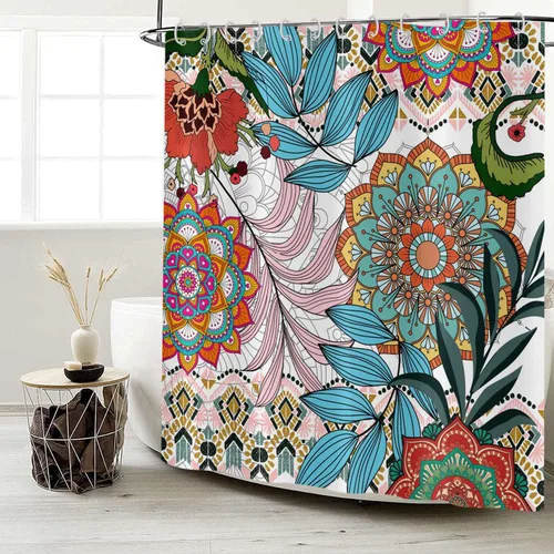 Miniatura 22 de Cortina de ducha bohemia y chic, cortina de baño moderna con hojas tropicales abstractas y ramas botánicas doradas, para decoración del hogar, tela