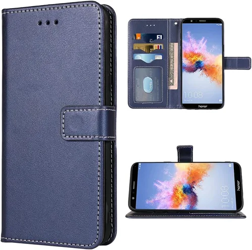 Compatible con Huawei Honor 7X - Funda tipo cartera con correa de muñeca de cuero, soporte para tarjetas, soporte para celular, monedero folio, Azul