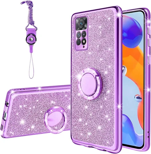 Miniatura 21 de Funda para Xiaomi Mi 11 Lite 4G/5G, cubierta protectora de TPU suave con cristal de purpurina con soporte de anillo 360, púrpura brillante Purpura