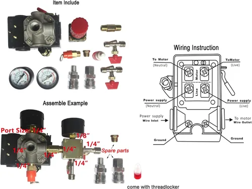 Miniatura 3 de Secbolt Válvula de control de presión de aire con manómetro regulador múltiple Compresor de aire con presostato y válvula de control de presión