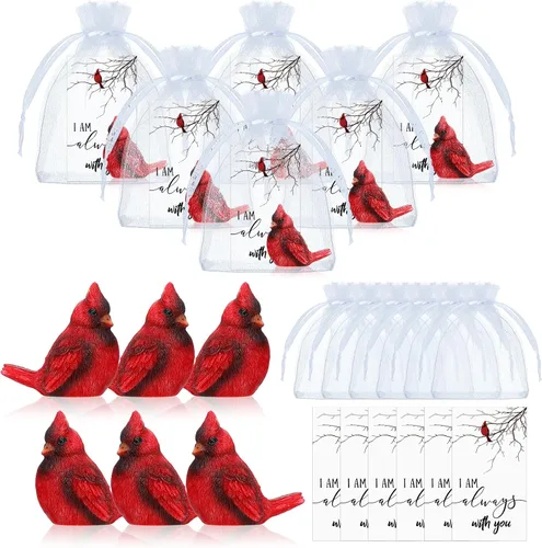 Roowest El juego de 18 piezas de regalo conmemorativo cardenal incluye mini figuras de estatua de pájaro cardenal rojo, tarjetas de plumas rojas,