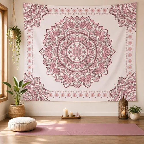 Miniatura 5 de Atrippy Tapiz de pared bohemio con mandala rosa para dormitorio, tapiz estético blanco y rosa, decoración de habitación para adolescentes y niñas