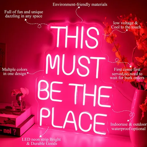 Miniatura 2 de Letrero de neón con texto en inglés «This Must Be The Place» para decoración de pared para bodas, aniversarios, fiestas, dormitorio (rosa)