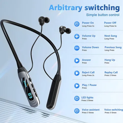 Miniatura 6 de MZYML - Auriculares Bluetooth con banda para el cuello 5.4, IPX5 impermeables con micrófono, 80 horas de reproducción, 1000 horas de espera