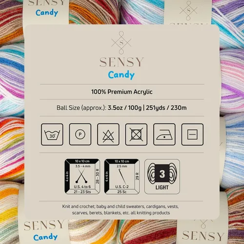 Miniatura 6 de Sensy Candy Yarn - Hilo de 5 madejas, 3.5 onzas, 251 yardas, multicolor para ganchillo y tejido, calibre ligero 3