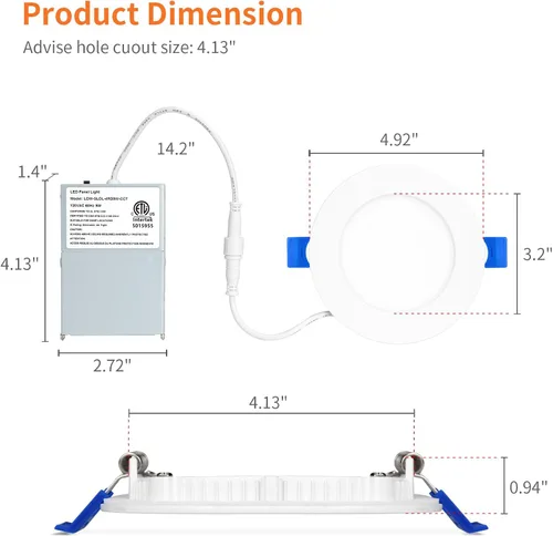 Miniatura 5 de Meconard Paquete de 6 luces LED empotrables de 4" de 5 CCT con luz nocturna, 2700K/3000K/3500K/4000K/5000K seleccionables, luces LED empotrables