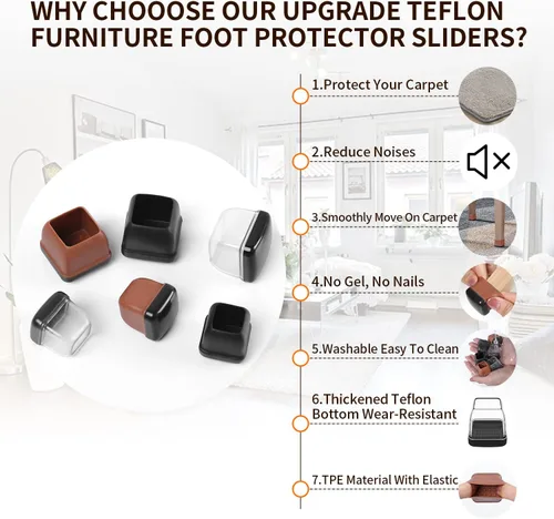 Miniatura 8 de Ezprotekt Deslizadores de patas de silla para alfombra, 24 piezas cuadradas para alfombras, almohadillas de muebles de moqueta, tapas protectoras