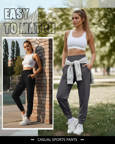 Miniatura 7 de Paquete de 2 pantalones deportivos de yoga para mujer, cómodos pantalones deportivos con bolsillos, casuales, holgados, cómodos y de cintura alta