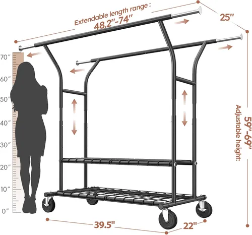 Miniatura 8 de Raybee Perchero de 74 pulgadas de ancho con carga de 630 libras, percheros para colgar ropa, perchero ajustable de alta resistencia, perchero