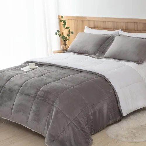 Miniatura 12 de Seward Park Juego de edredón Sherpa gris tamaño Twin XL, ropa de cama suave y cálida para todas las estaciones, manta de otoño de forro polar