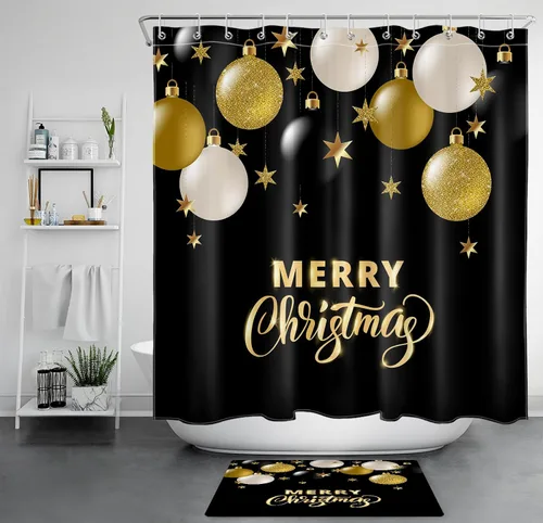 Miniatura 14 de LB Cortina de ducha de Feliz Navidad, bola de Navidad blanca y dorada sobre cortina de ducha negra para baño, 60 x 72 pulgadas, tela de poliéster