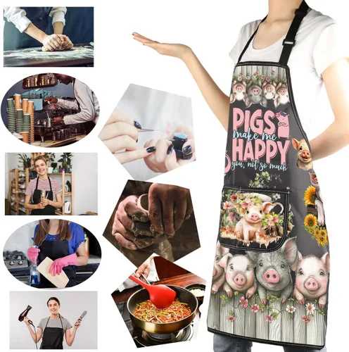 Miniatura 6 de MBMSO Divertidos regalos de cerdo, delantal de barbacoa para amantes de los cerdos, regalos de cerdos Make Me Happy Pig Delantal con bolsillos BBQ
