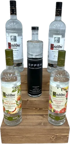 Estantería de exhibición escalonada hecha a mano, exhibición de barra de tres niveles, organizador de barra, exhibición de botellas de licor (12